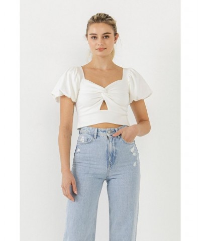 Women's Knotted Top with Short Puff Sleeves White $35.20 Tops