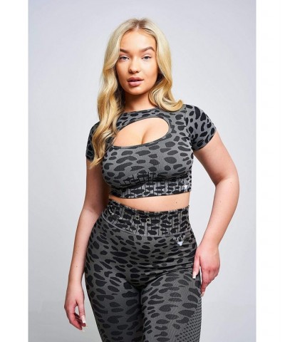 Women's Caneva Leopard Recycled Cut Out Crop Top - Grey Grey $24.30 Tops