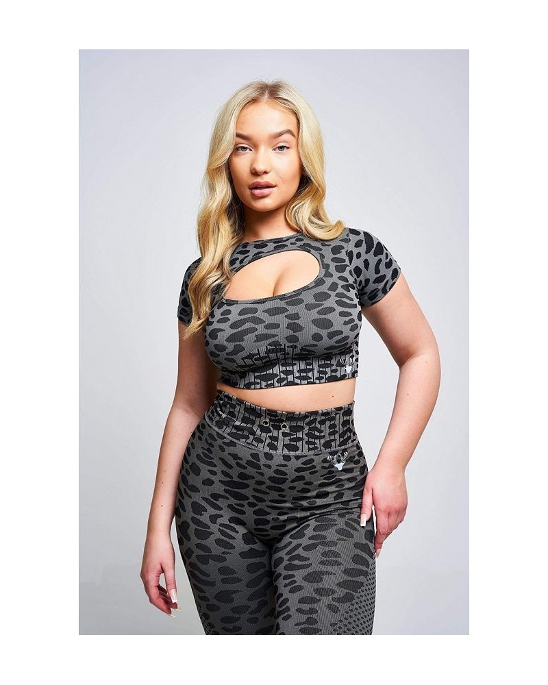 Women's Caneva Leopard Recycled Cut Out Crop Top - Grey Grey $24.30 Tops