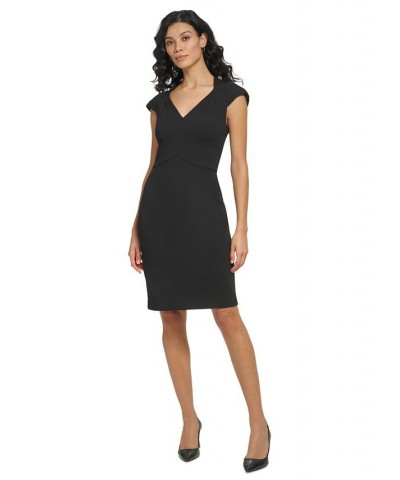 Women's V-Neck Cap-Sleeve Scuba Crepe Sheath Dress Black $33.30 Dresses