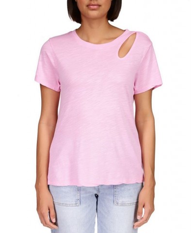 Women's Cut To The Chase Short-Sleeve Cut-Out Top Pink $15.80 Tops