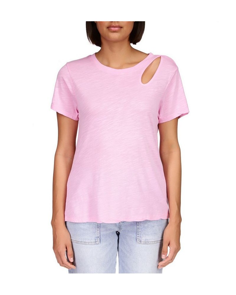 Women's Cut To The Chase Short-Sleeve Cut-Out Top Pink $15.80 Tops