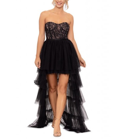 Women's Lace-Corset Tiered-Mesh High-Low Gown Black Nude $118.49 Dresses
