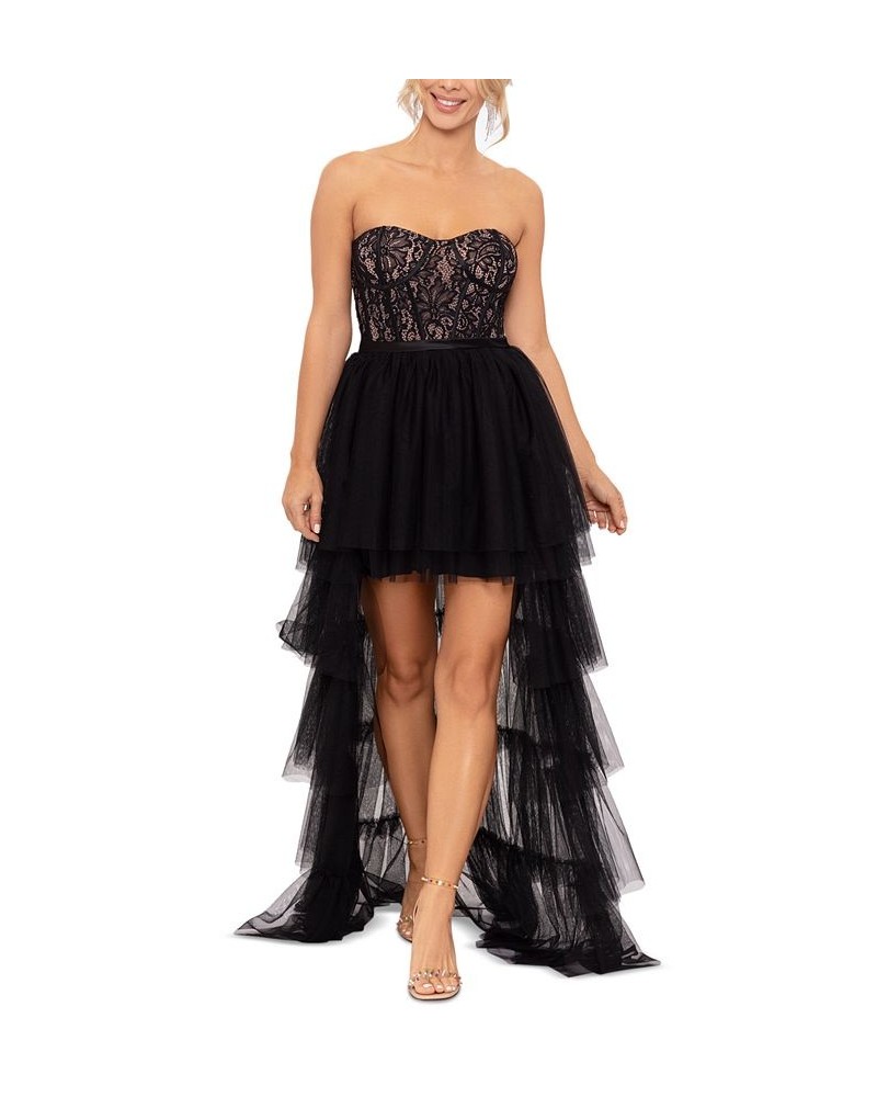 Women's Lace-Corset Tiered-Mesh High-Low Gown Black Nude $118.49 Dresses