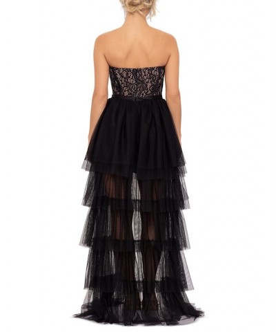 Women's Lace-Corset Tiered-Mesh High-Low Gown Black Nude $118.49 Dresses