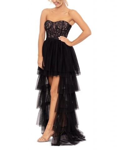 Women's Lace-Corset Tiered-Mesh High-Low Gown Black Nude $118.49 Dresses