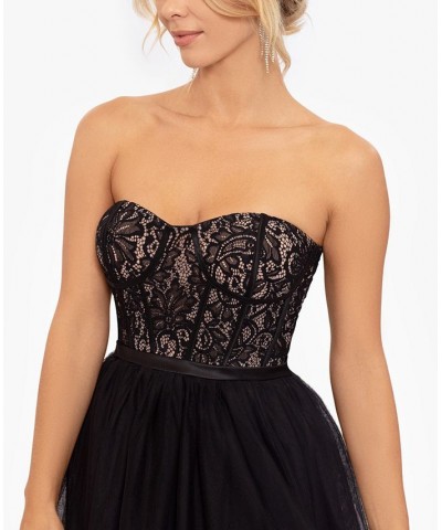 Women's Lace-Corset Tiered-Mesh High-Low Gown Black Nude $118.49 Dresses