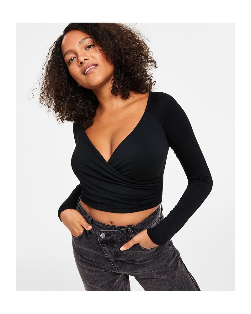 Women's Long-Sleeve Surplice Cropped Top Black $14.60 Tops