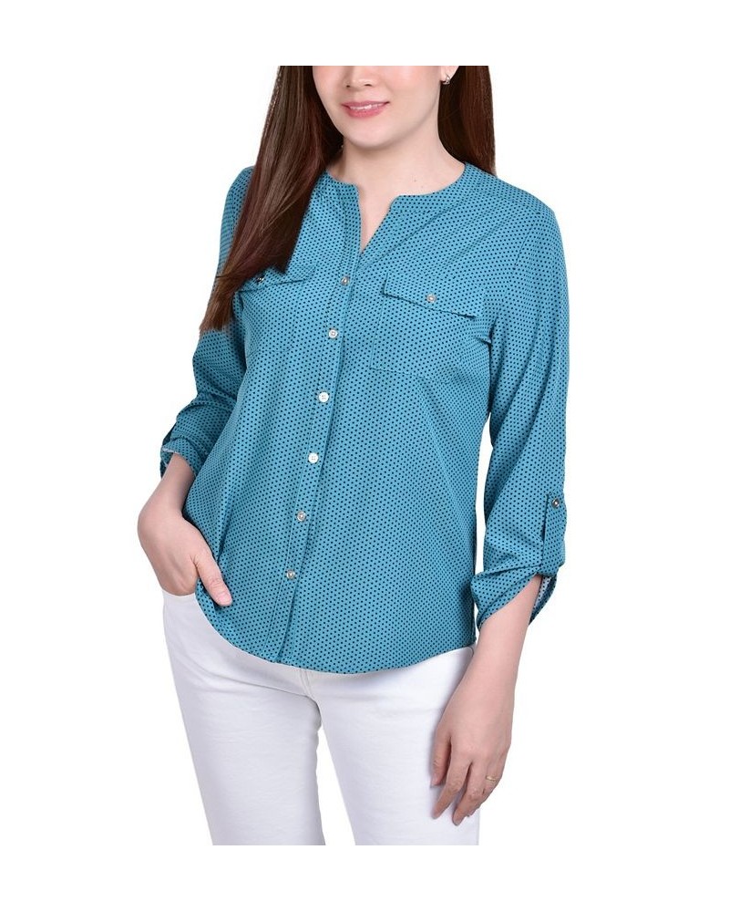 Women's 3/4 Roll Tab Sleeve Mandarin Collar Blouse Deep Lake, Black Taranto Dot $13.44 Tops