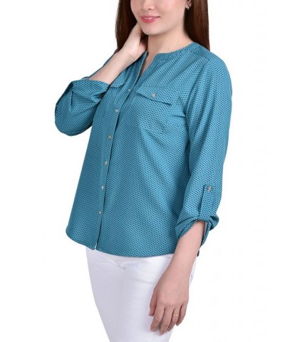 Women's 3/4 Roll Tab Sleeve Mandarin Collar Blouse Deep Lake, Black Taranto Dot $13.44 Tops