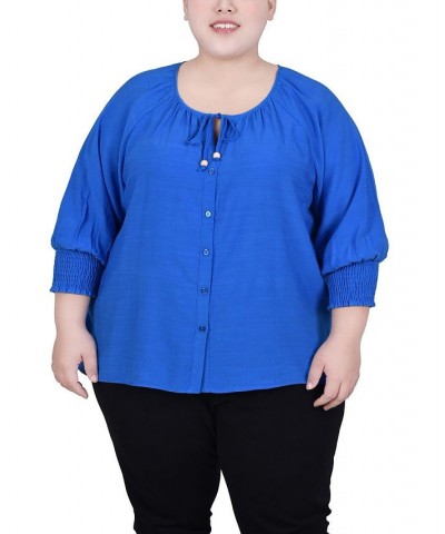 Plus Size 3/4 Sleeve Button Front Blouse Blue $13.43 Tops