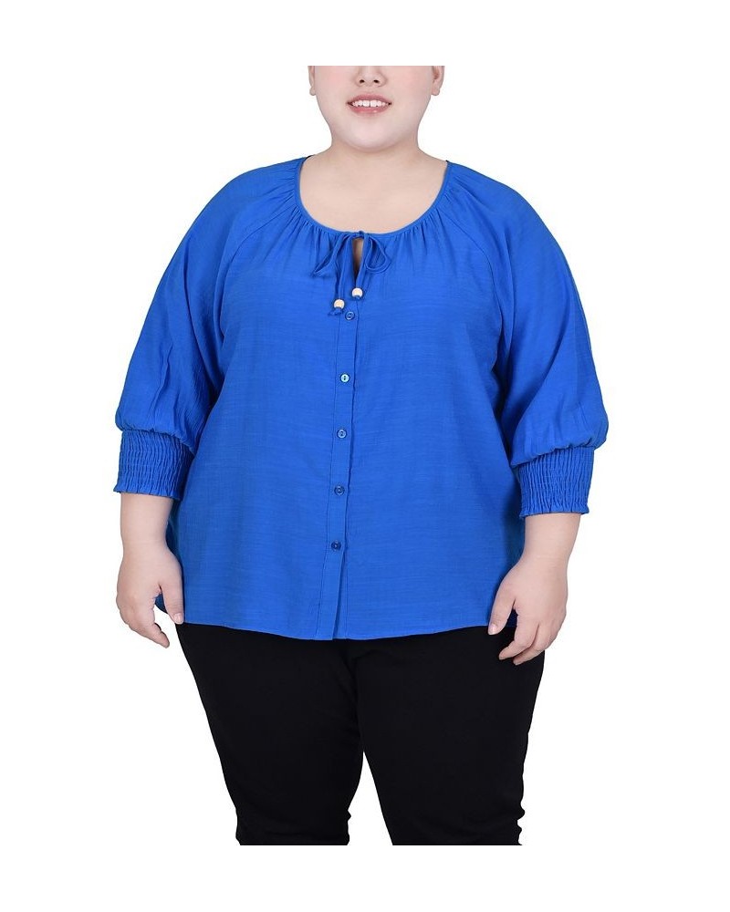 Plus Size 3/4 Sleeve Button Front Blouse Blue $13.43 Tops