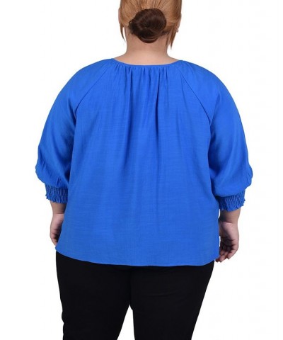 Plus Size 3/4 Sleeve Button Front Blouse Blue $13.43 Tops