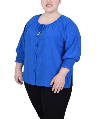 Plus Size 3/4 Sleeve Button Front Blouse Blue $13.43 Tops