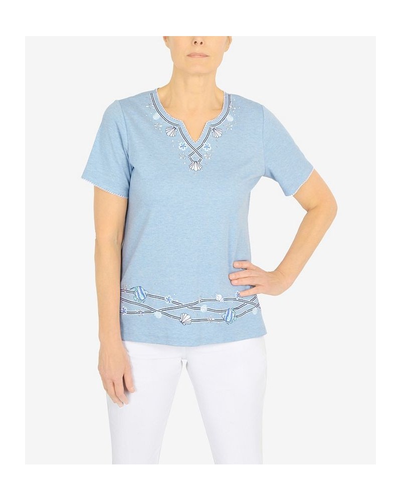 Women's Set Sail Ribbon Fish Border V-Neck Top Marine Blue $33.36 Tops