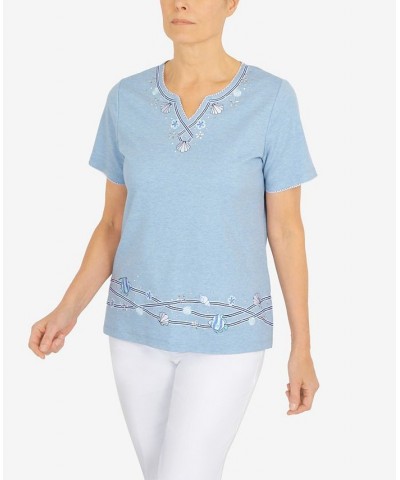 Women's Set Sail Ribbon Fish Border V-Neck Top Marine Blue $33.36 Tops