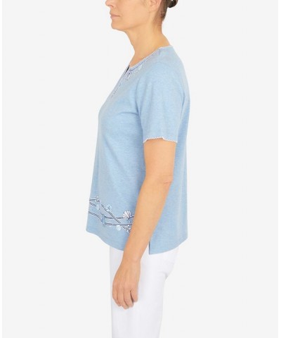 Women's Set Sail Ribbon Fish Border V-Neck Top Marine Blue $33.36 Tops