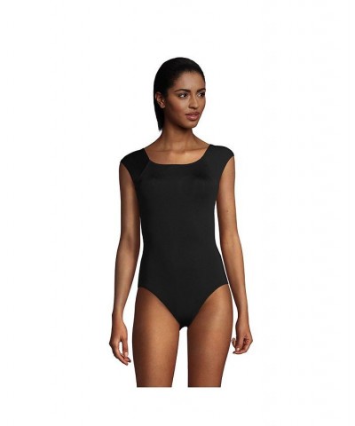Women's Chlorine Resistant Tummy Control Cap Sleeve X-Back One Piece Swimsuit Black $42.53 Swimsuits