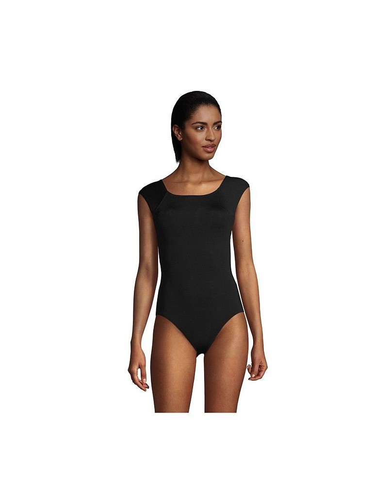 Women's Chlorine Resistant Tummy Control Cap Sleeve X-Back One Piece Swimsuit Black $42.53 Swimsuits