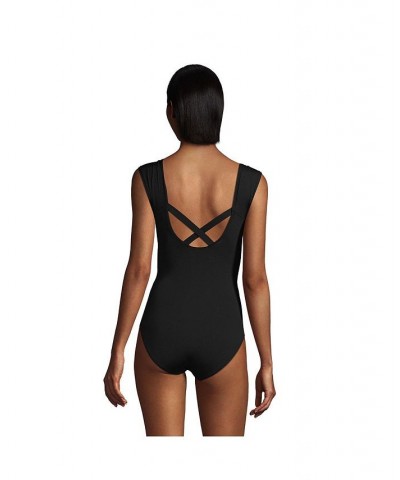 Women's Chlorine Resistant Tummy Control Cap Sleeve X-Back One Piece Swimsuit Black $42.53 Swimsuits