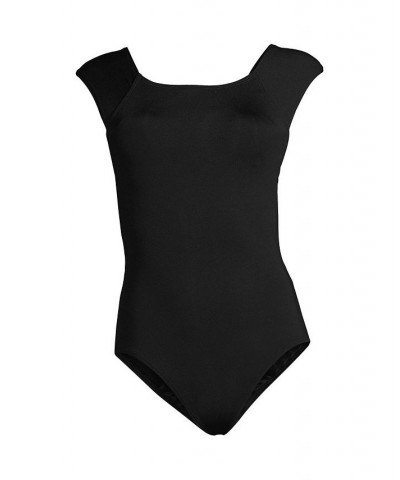 Women's Chlorine Resistant Tummy Control Cap Sleeve X-Back One Piece Swimsuit Black $42.53 Swimsuits