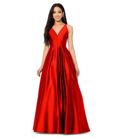Juniors' Tie-Back V-Neck Ball Gown Red $84.66 Dresses