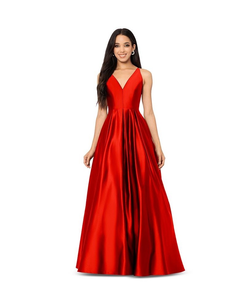 Juniors' Tie-Back V-Neck Ball Gown Red $84.66 Dresses