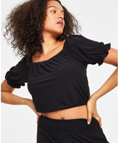 Women's Puff-Sleeve Crop Top Deep Black $15.17 Tops