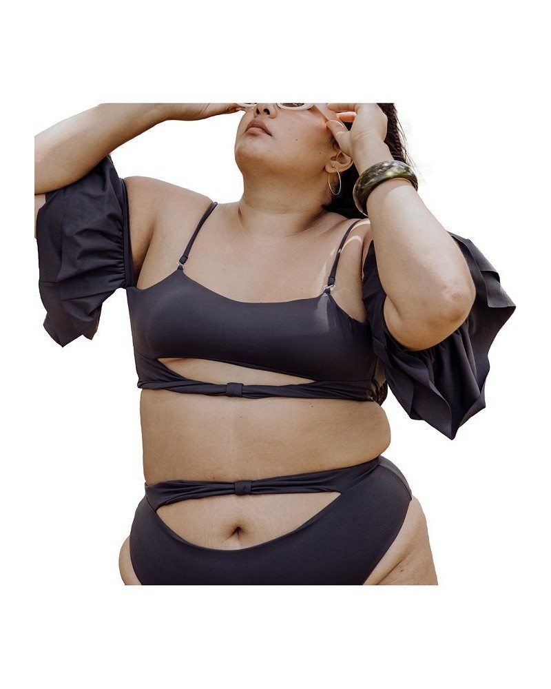 Women's Plus Size Ty cutout bikini top with ruffle sleeves Gray $54.12 Swimsuits