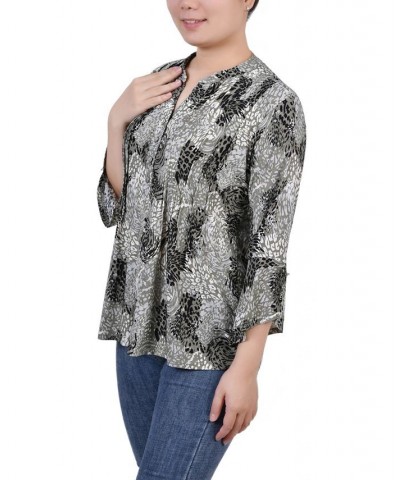 Women's 3/4 Sleeve Overlapped Bell Sleeve Y-Neck Top Shadow Black Animal $15.18 Tops