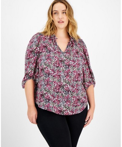 Plus Size 3/4-Sleeve Ditsy Floral Print Top Black Multi $27.76 Tops