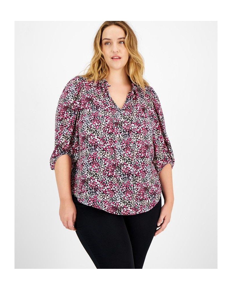 Plus Size 3/4-Sleeve Ditsy Floral Print Top Black Multi $27.76 Tops