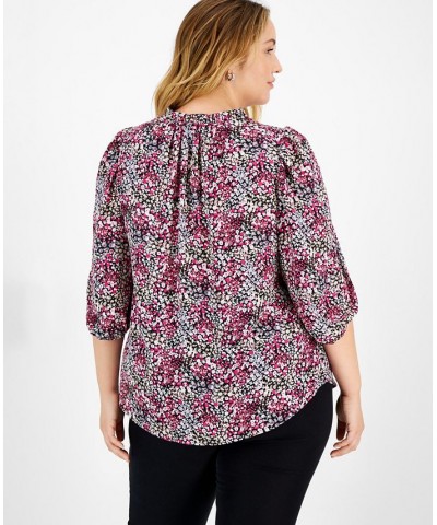 Plus Size 3/4-Sleeve Ditsy Floral Print Top Black Multi $27.76 Tops