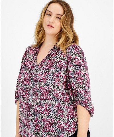 Plus Size 3/4-Sleeve Ditsy Floral Print Top Black Multi $27.76 Tops