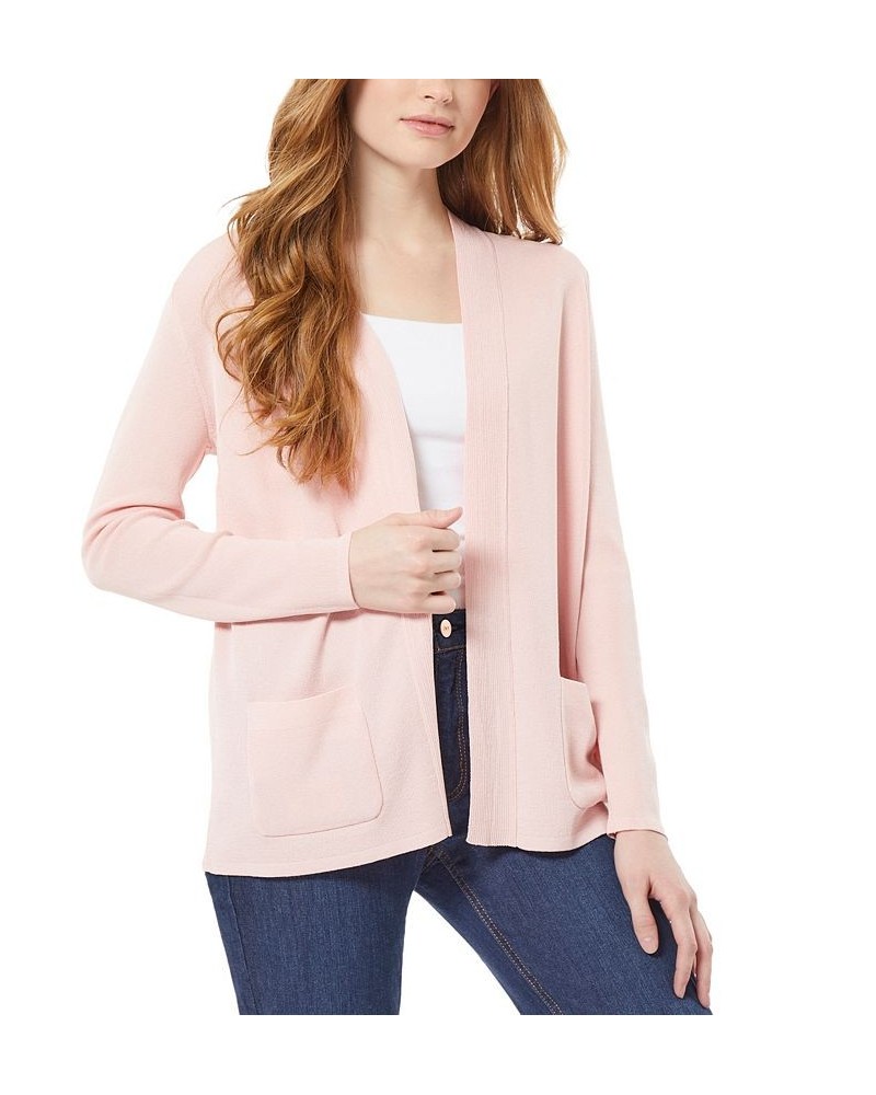 Women's Open Front Cardigan with Ribbed Placket and Patch Pockets Pink $29.57 Sweaters