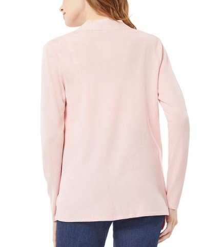 Women's Open Front Cardigan with Ribbed Placket and Patch Pockets Pink $29.57 Sweaters