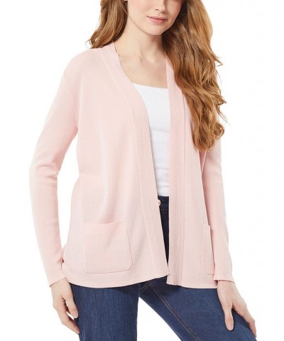 Women's Open Front Cardigan with Ribbed Placket and Patch Pockets Pink $29.57 Sweaters