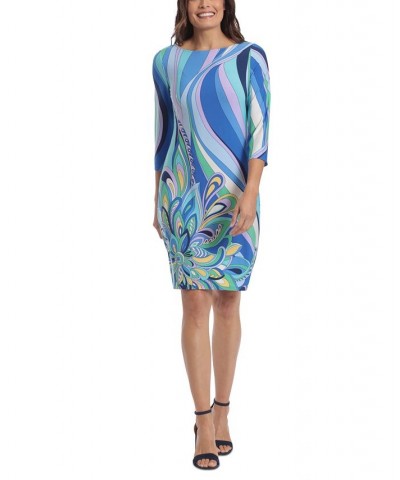 Women's 3/4-Sleeve Printed Shift Dress Blue $42.72 Dresses