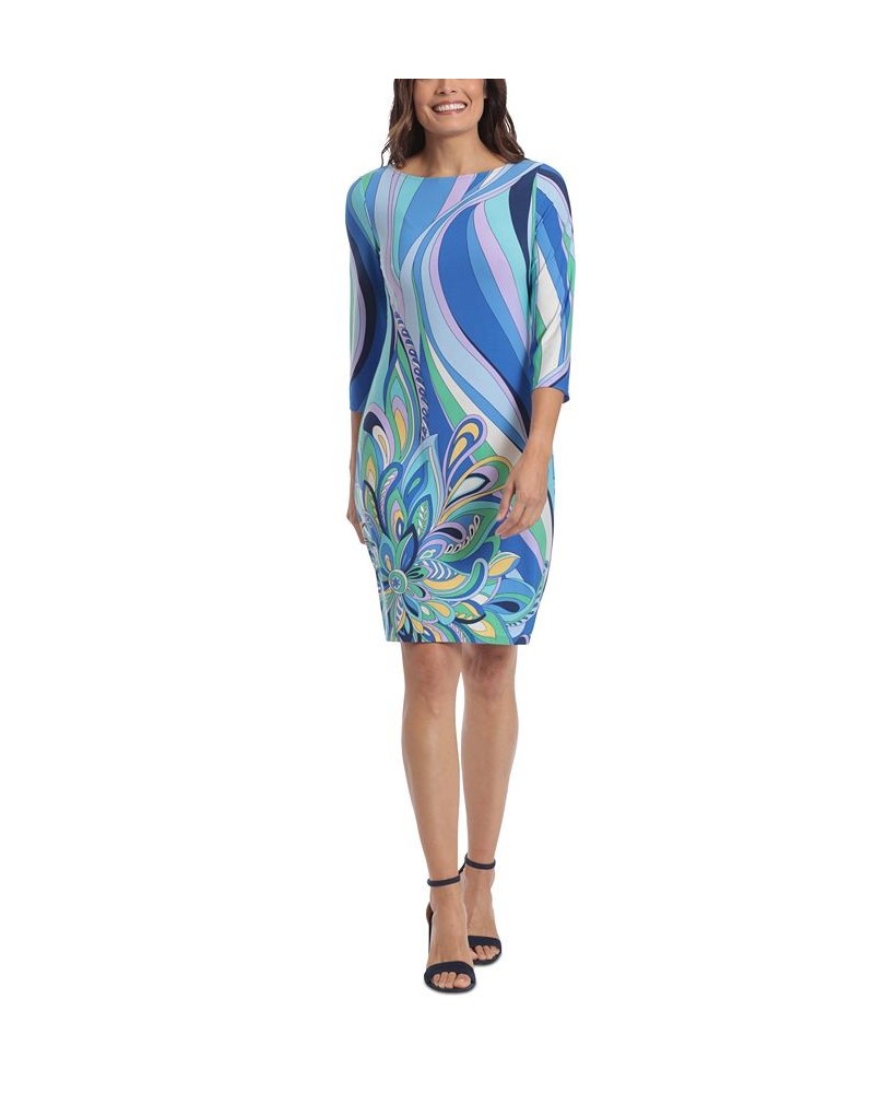 Women's 3/4-Sleeve Printed Shift Dress Blue $42.72 Dresses