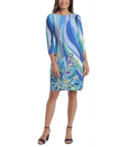 Women's 3/4-Sleeve Printed Shift Dress Blue $42.72 Dresses