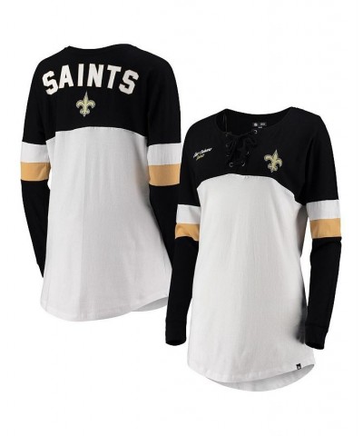 Women's White Black New Orleans Saints Athletic Varsity Lace-Up V-Neck Long Sleeve T-shirt White $21.15 Tops