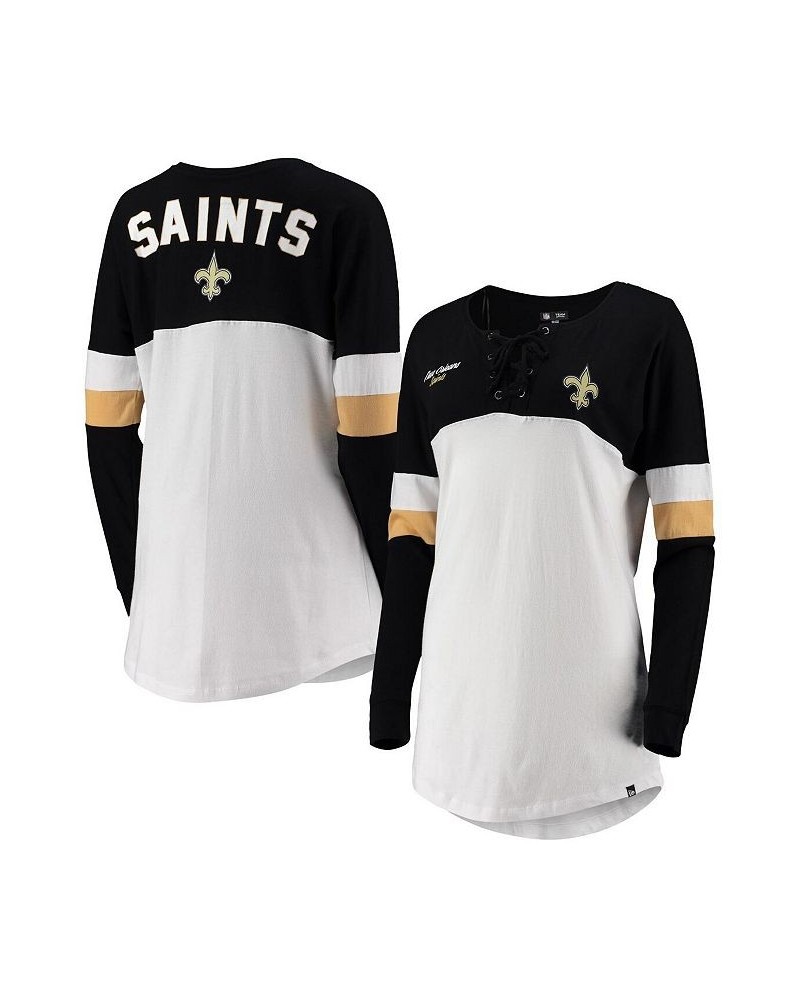 Women's White Black New Orleans Saints Athletic Varsity Lace-Up V-Neck Long Sleeve T-shirt White $21.15 Tops