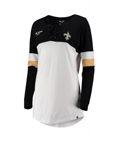 Women's White Black New Orleans Saints Athletic Varsity Lace-Up V-Neck Long Sleeve T-shirt White $21.15 Tops