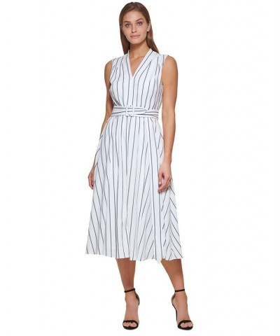 Women's Striped V-Neck Belted Sleeveless Midi Dress Ivory/Black $59.04 Dresses
