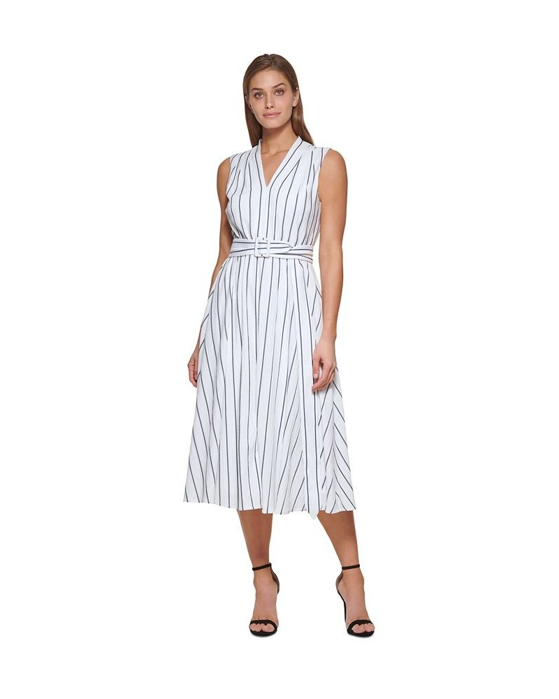 Women's Striped V-Neck Belted Sleeveless Midi Dress Ivory/Black $59.04 Dresses