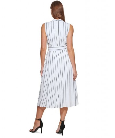 Women's Striped V-Neck Belted Sleeveless Midi Dress Ivory/Black $59.04 Dresses