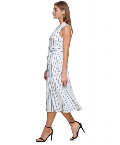 Women's Striped V-Neck Belted Sleeveless Midi Dress Ivory/Black $59.04 Dresses