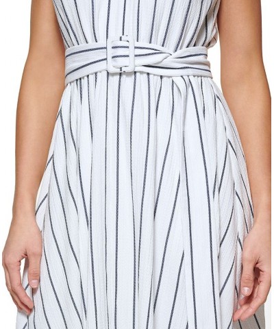 Women's Striped V-Neck Belted Sleeveless Midi Dress Ivory/Black $59.04 Dresses