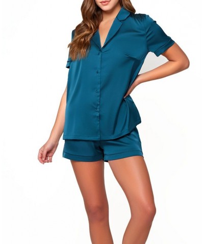 Women's Lucile Satin and Lace Short Sleeve Pajamas Set Teal $44.37 Lingerie