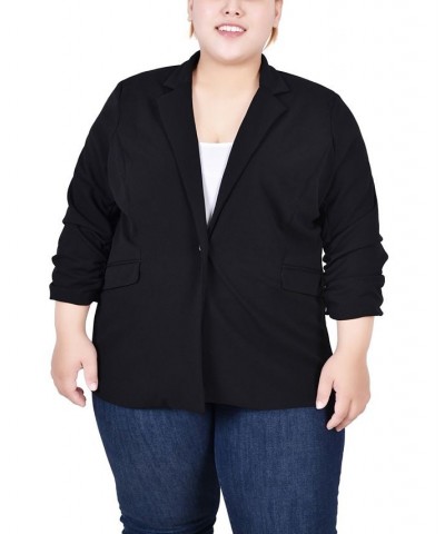 Plus Size 3/4 Rouched Sleeve Crepe Jacket Black Black Red Chain $16.20 Jackets